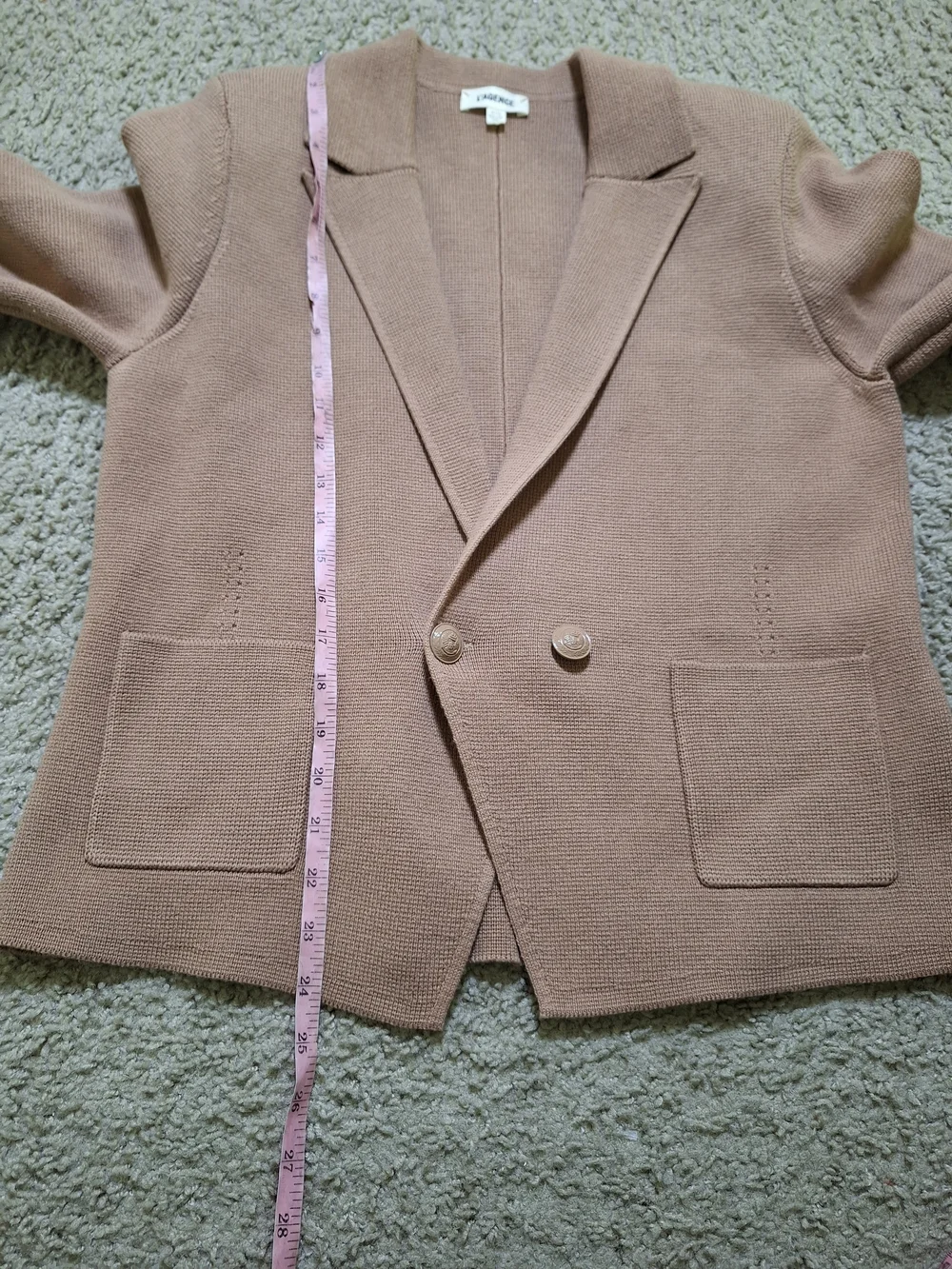 L'AGENCE Textured Knit Blazer Jacket Mauve Tan Double Button Crop Pocket Size XL